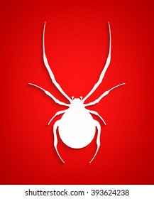 Vector spider. Black widow. Spider background. Paper spider on red background.