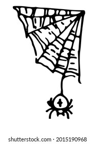 A vector spider is hanging on a triangular web. A spider with a cross and a web pattern in the corner drawn by hand with a black isolated line in the style of a doodle on a white background 