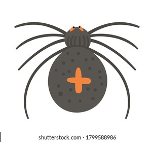 Vector spider with orange cross on back. Halloween character icon. Cute autumn all saints eve illustration with scary black insect. Samhain party sign design for kids. 
