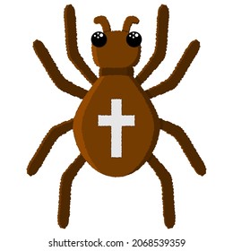 Vector spider with orange cross on back. Halloween character icon. Cute autumn all saints eve illustration with scary black insect. Samhain party sign design for kids.