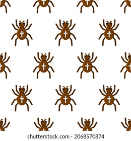 Vector spider with orange cross on back seamless pattern. Halloween character icon. Cute autumn all saints eve illustration with scary black insect. Samhain party sign design for kids.