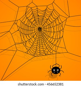 Vector spider web and small spider on a purple background. Cartoon flat illustration.