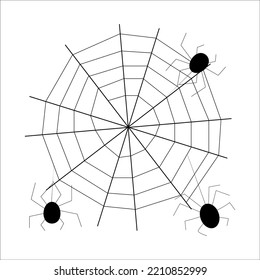 Vector spider web and small spiders on a white background. Halloween.