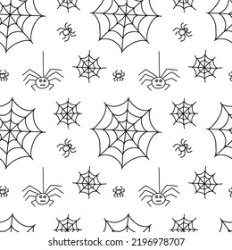 Vector spider's web seamless pattern. Spiders doodle hand drawn seamless pattern on white background