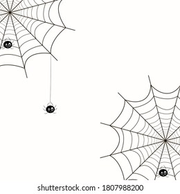 Vector spiderweb with funny cartoon spiders isolated on white. Empty space for text. Design for card, frame, poster, halloween, web, app, mobile