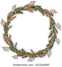 Vector spikelet of wheat isolated on white. Wreath design of autumn harvest. Fresh green and ripened golden yellow
