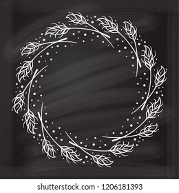 Vector spikelets vintage wreath frame on a chalkboard background.