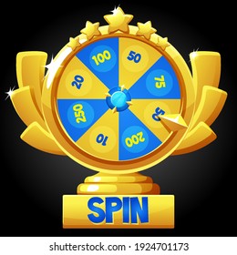 Rueda de la fortuna del vector para el juego. Ilustración de una rueda dorada con estrellas GUI.