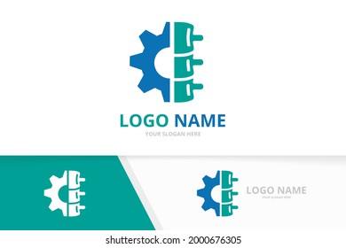 Vector spine and gear logo combination. Factory vertebral column logotype design template.