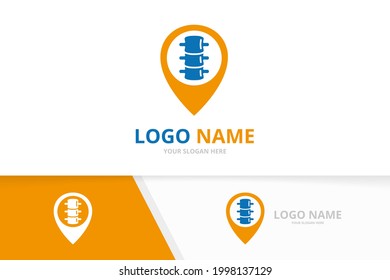 Vector spine and map pointer logo combination. Vertebral column and gps locator logotype design template.