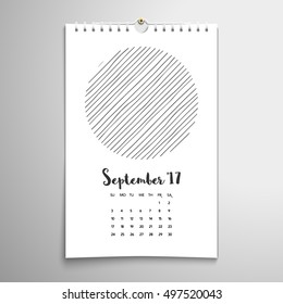 Vector spiral calendar. Diagonal monochrome hand drawing lines. Realistic shadows. Inscription - September 17. 