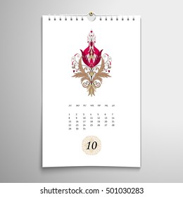 Vector spiral calendar. Floral pattern in vintage style. Flowers with leaves and berries. October.