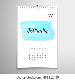 Vector spiral calendar with hand drawing watercolor pattern. Realistic shadows. Inscription - February.