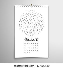 Vector spiral calendar with monochrome hand drawing drops. Realistic shadows. Inscription - October 17. 