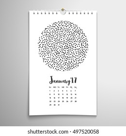 Vector spiral calendar. Realistic shadows. Inscription - January 17. Small monochrome dots.