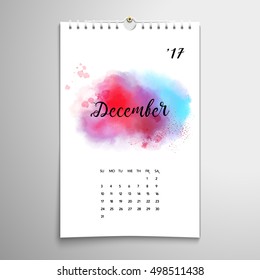 Vector spiral calendar. Realistic shadows. Watercolor stains and blotches. Inscription - December. 
