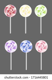 Vector spiral candy. Colorful sugar sweet candies for mobile game. UI design elements