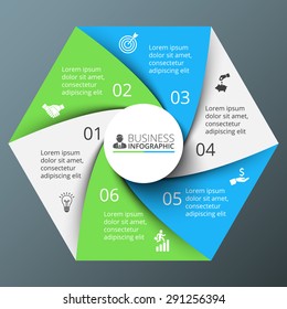 Vector spiral hexagon for infographic. Template for cycle diagram, graph, presentation and round chart. Business concept with 6 options, parts, steps or processes. Abstract background.