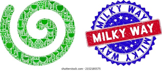 Mosaico de vino de icono de espiral vectorial con sello de sello de sello de sello de la Vía Láctea. Sello bicolor rojo y azul con estilo corroído y lema Vía Láctea. Icono de mosaico espiral creado con copas de vino,