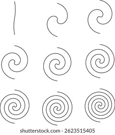 Vector spiral line evolution set – minimal swirl curve shapes, abstract motion icons, dynamic circular loops, hand-drawn contour elements for modern graphic design and animation projects