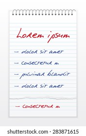 Vector spiral notebook with lines and with torn sheet. Use for label, banner, letter, card decoration too. Eps 10.