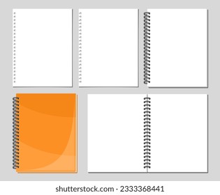 Vector Spiral Notebook Set, collection of 5 cut out illustrations of variety blank notebook pages, group of opened and closed binder paper note books on grey background