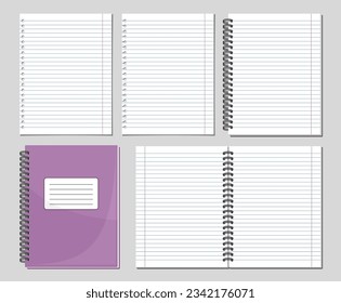 Vector Spiral Notebook Set, collection of 5 cut out illustrations of various blank notebook lined pages with red border, group of opened and closed binder paper note books on grey background