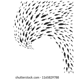 Vector spiral shoal of black silhouette of fish swimming isolated on whit background