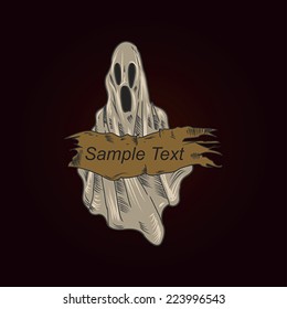 vector spirit ghost on dark background holding papyrus place for text 
