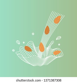 Vector splash of almond milk with nuts. Vegan alternative organic milk splash pour . Non dairy drink. Isolated transparent illustration. Healthy food, diet and nutrition concept