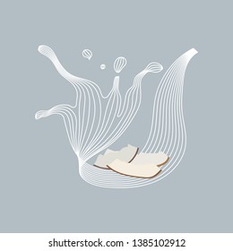 Vector splash of coconut milk with nuts. Vegan alternative organic milk splash pour . Non dairy drink. Isolated transparent illustration. Healthy food, diet and nutrition concept