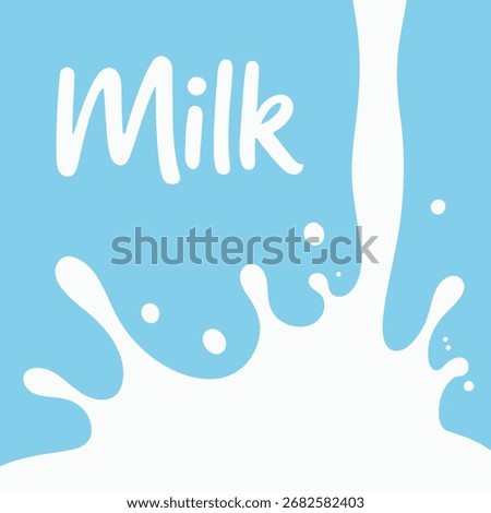 Vector splash design with milk lettering, dairy liquid background, healthy drink concept for packaging and product branding.