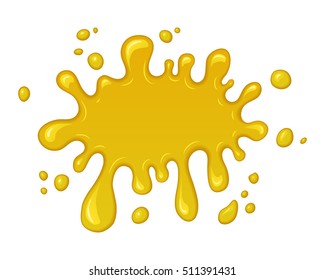 Vector splash of honey. Drop and splatter of yellow orange liquid. Abstract stain or blob of paint isolated on white. Cartoon design. Graphic element for banner or sticker.