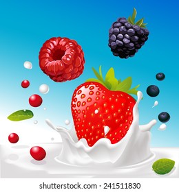 vector splash of milk with forrest fruit mix - illustration with blue background