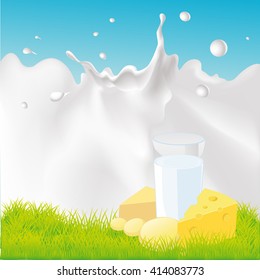 vector splash of milk with green grass and cheese - illustration 