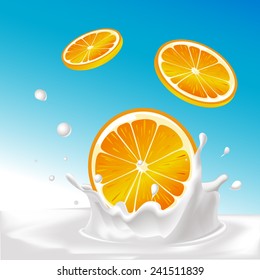 vector splash of milk with orange fruit - illustration with blue background