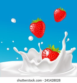 vector splash of milk with strawberry- illustration with blue background