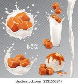 Vector splash of milk or yogurt, caramel dessert, flavored ice cream. Pieces of toffee falling into fresh milk. 3d realistic food illustration set