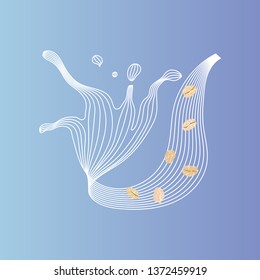 Vector splash of oat milk with flakes. Vegan alternative organic milk splash pour . Non dairy drink. Isolated transparent illustration. Healthy food, diet and nutrition concept