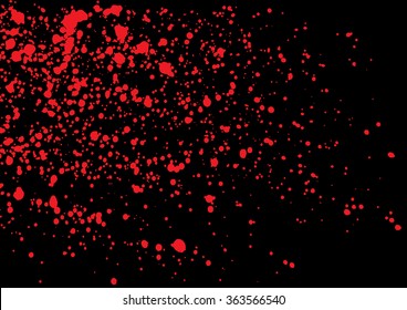 Vector splatter of blood in red color on black background. Bloody explosion on black background. Grainy blood texture blow. Red watercolor spray, drop on black background. Vector illustration. EPS 10.