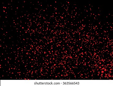 Vector splatter of blood in red color on black background. Bloody explosion on black background. Grainy blood texture blow. Red watercolor spray, drop on black background. Vector illustration. EPS 10.