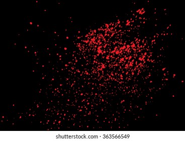 Vector splatter of blood in red color on black background. Bloody explosion on black background. Grainy blood texture blow. Red watercolor spray, drop on black background. Vector illustration. EPS 10.