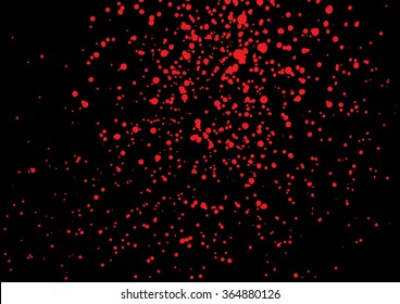 Vector splatter of blood in red color on black background. Bloody explosion on black background. Grainy grungy blood texture blow. Red paint spill on black background. Vector illustration. EPS 10.