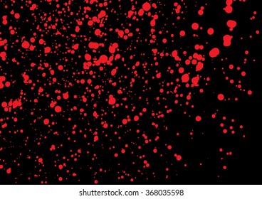 Vector splatter of blood in red color on black background. Bloody explosion on black background. Grainy blood texture blow. Red watercolor spray, drop on black background. Vector illustration. EPS 10.
