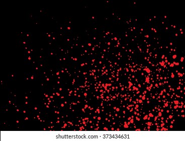 Vector splatter of blood in red color on black background. Bloody explosion on black background. Grainy blood texture blow. Red watercolor spray, drop on black background. Vector illustration. EPS 10.