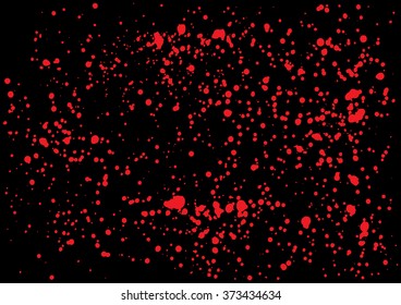 Vector splatter of blood in red color on black background. Bloody explosion on black background. Grainy blood texture blow. Red watercolor spray, drop on black background. Vector illustration. EPS 10.