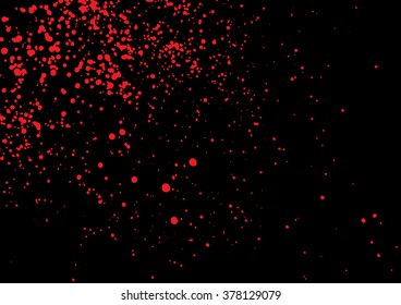 Vector splatter of blood in red color on black background. Bloody explosion on black background. Grainy grungy blood texture blow. Red paint spill on black background. Vector illustration. EPS 10.