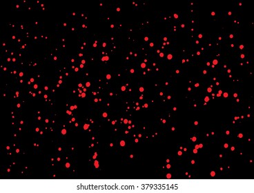 Vector splatter of blood in red color on black background. Bloody explosion on black background. Grainy grungy blood texture blow. Red paint spill on black background. Vector illustration. EPS 10.