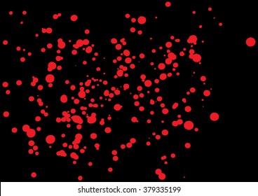 Vector splatter of blood in red color on black background. Bloody explosion on black background. Grainy grungy blood texture blow. Red paint spill on black background. Vector illustration. EPS 10.