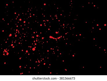 Vector splatter of blood in red color on black background. Bloody explosion on black background. Grainy grungy blood texture blow. Red paint spill on black background. Vector illustration. EPS 10.